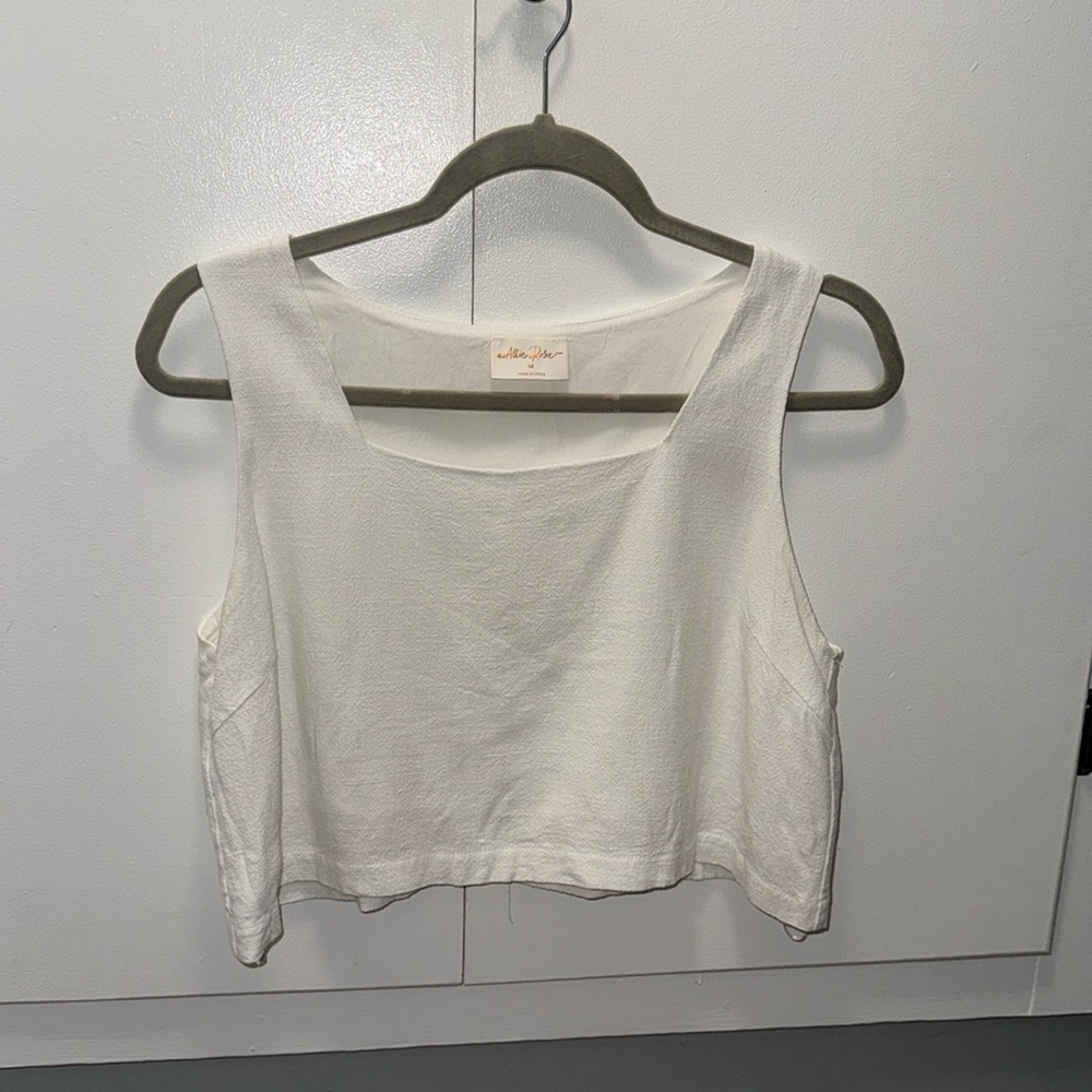Cropped white linen square neck tank top